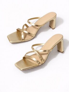 Metallic Gold Strappy Block Heel Sandal — Women's Dress Mule